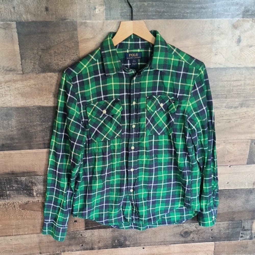 Polo by Ralph Lauren Green and Blue Plaid Long Sleeve Button Up Shirt Sz Lg Boys